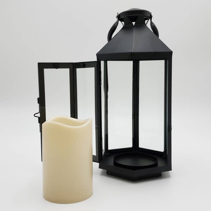 LumaBase - Wholesale Lantern - Metal Lantern with Battery-Operated Candle - Black Hexagon