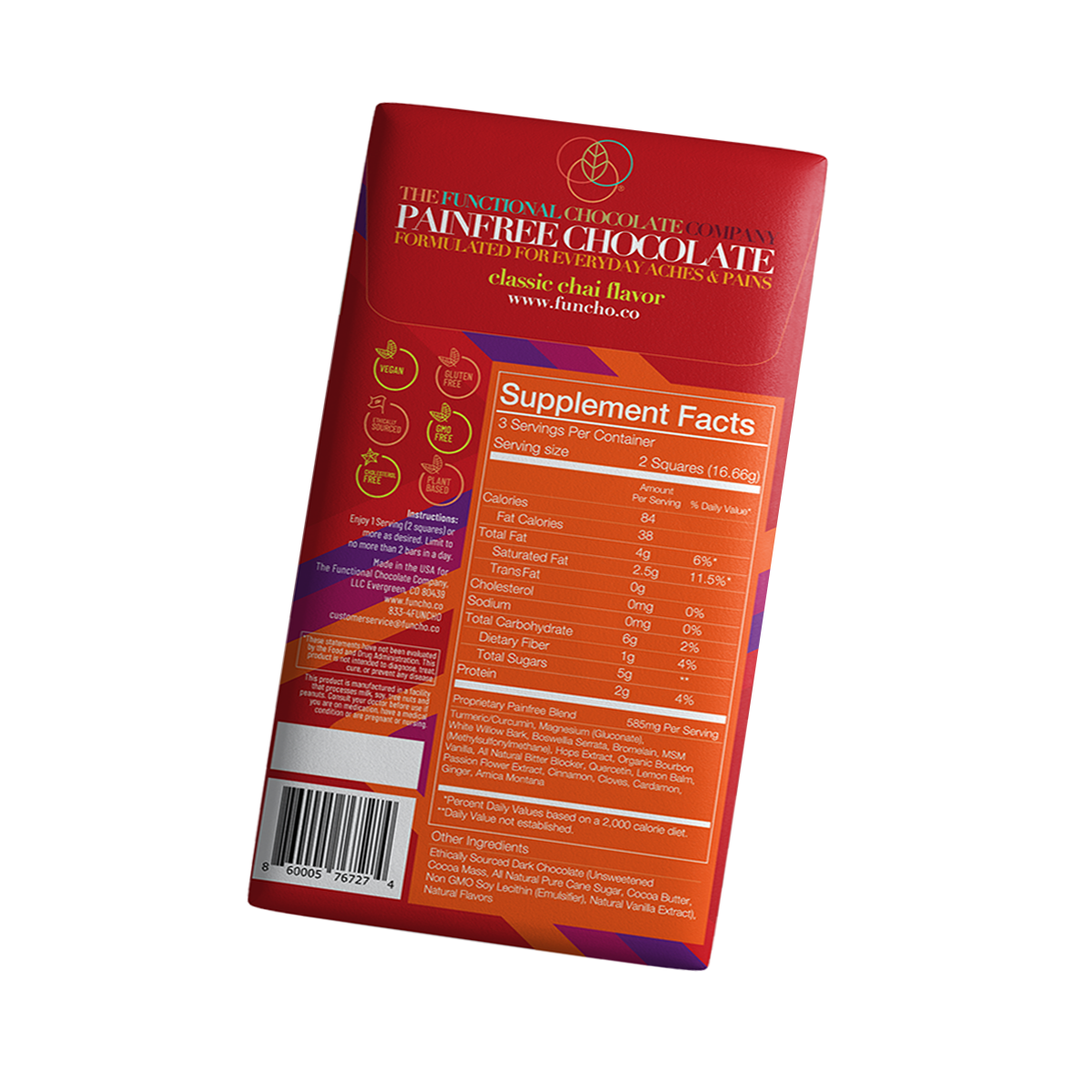 The Functional Chocolate Company - Wholesale Chocolate Bar - Painfree Chocolate - Aches/Pains Formula - Classic Chai2
