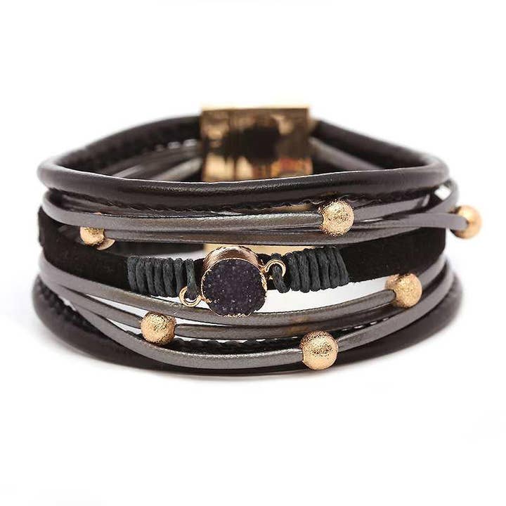 Gorissa Multi-Strand Beaded Magnetic Clasp Bracelet With Black Gemstone for wholesale by Olivia Welles