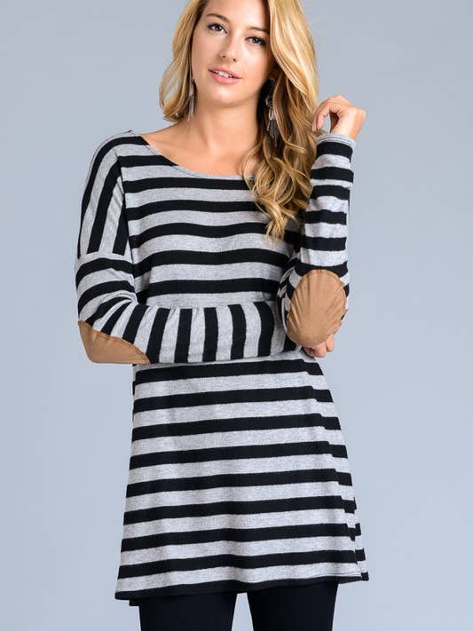 ..SI-7683 Long Sleeve Brushed Stripe Tunic With Elbow Patches for wholesale by 42POPS