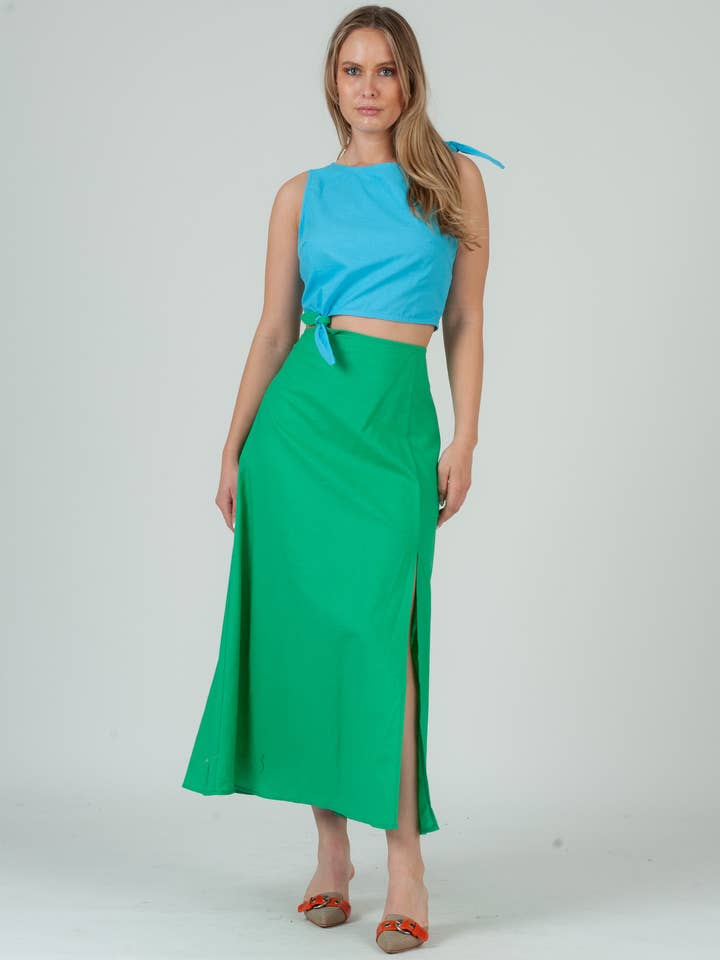 Robe midi en lin vert à blocs de couleur pour femme pour la vente par Lucca Couture