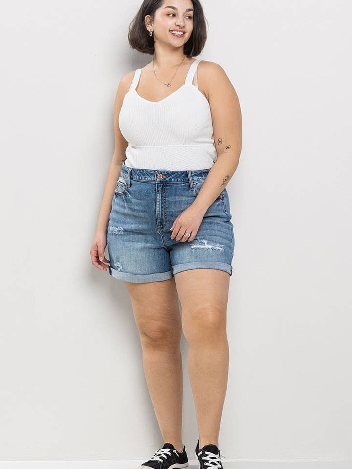 Sneak Peek - Wholesale Shorts - Women's - MID RISE PLUS TOMBOY DENIM SHORTS & CUFF HEM SP-S7389M-PL