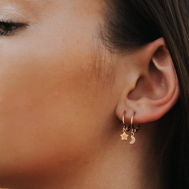 A Worthy Brand – wholesale Huggie earrings – Moon And Star Huggie Mini Hoop Earrings in Gold Filled