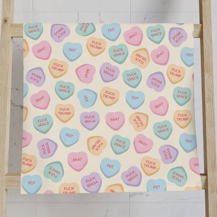 Mini Candy Hearts F*ck Trump Hand Towel for wholesale by Grateful Thread Co.