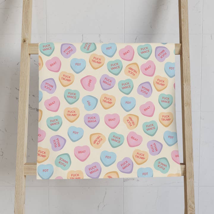 Mini Candy Hearts F*ck Trump Hand Towel for wholesale by Grateful Thread Co.