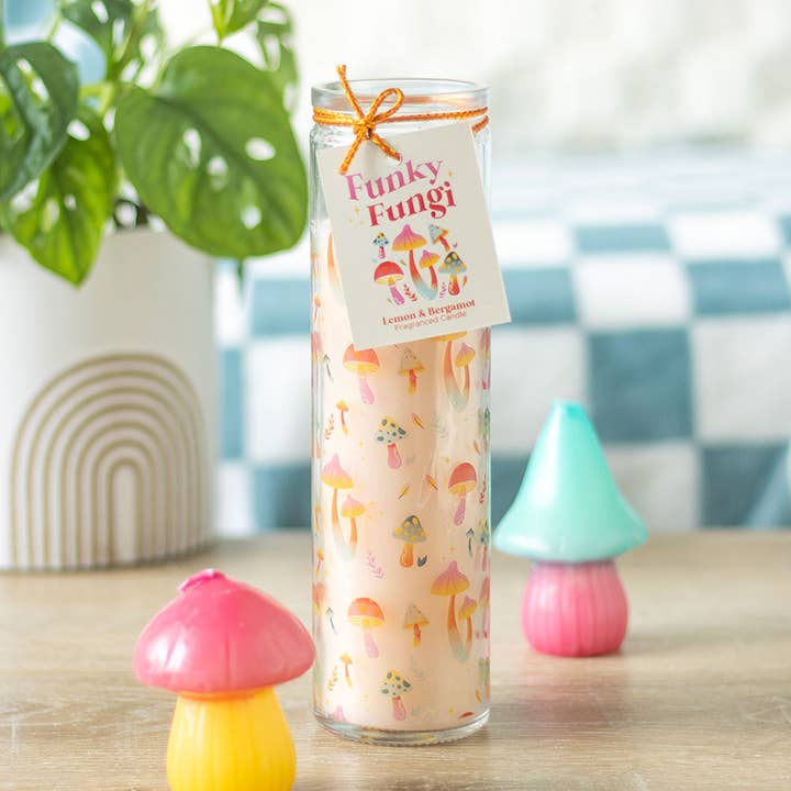 Funky Fungi Mushroom Print Tube Candle for wholesale by Something Different Wholesale