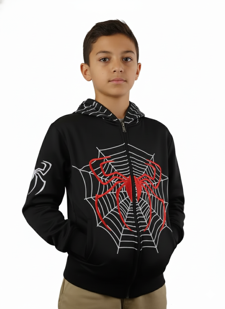 Lime Tree Clothing Inc. – Großhandel Hoodie – Kinder – Spider Hero Hoodie mit Reißverschluss für Kinder — lustiges Design mit Maskenkapuze0