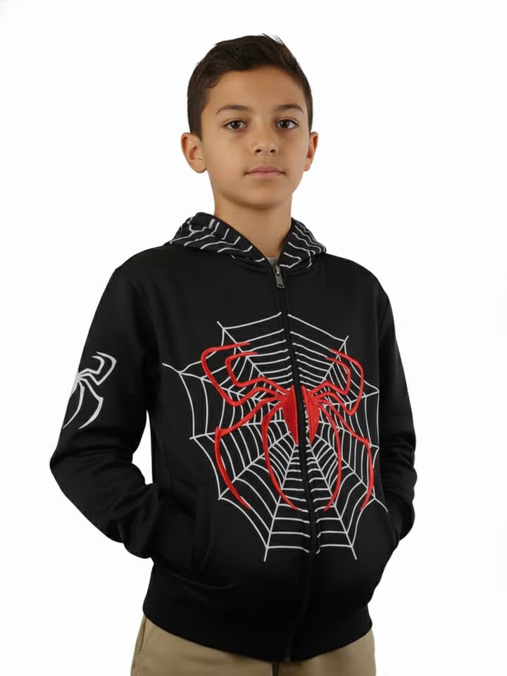Lime Tree Clothing Inc. – Großhandel Hoodie – Kinder – Spider Hero Hoodie mit Reißverschluss für Kinder — lustiges Design mit Maskenkapuze