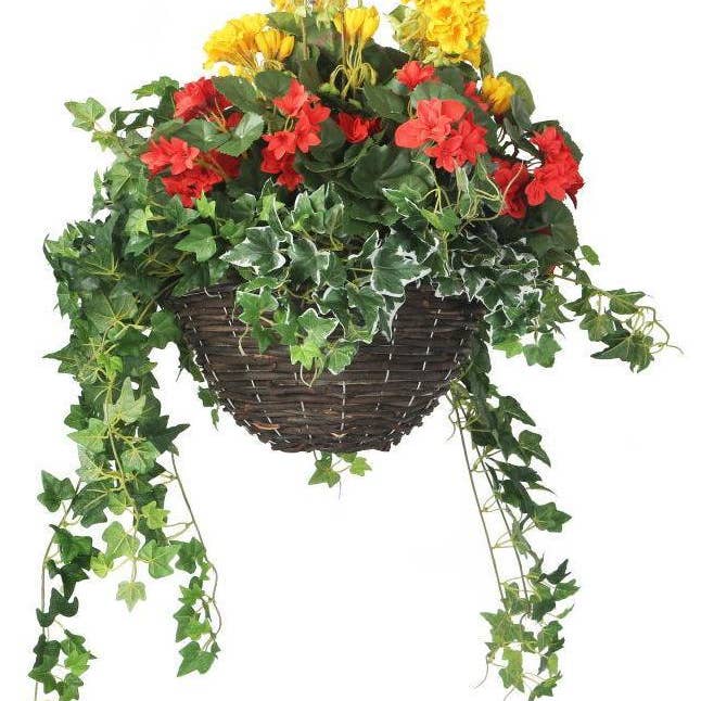 Closer2Nature – wholesale Artificial plant – Artificial Red Begonia and Yellow Geranium Display in a 12" Round Willow Hanging Basket