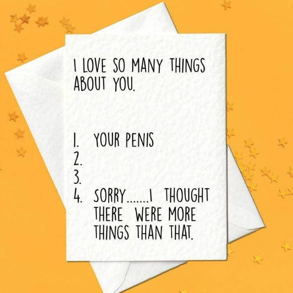 Jeg elsker så mange ting ved dig... - uhøfligt fødselsdagskort for engroshandel hos Prickly Cards