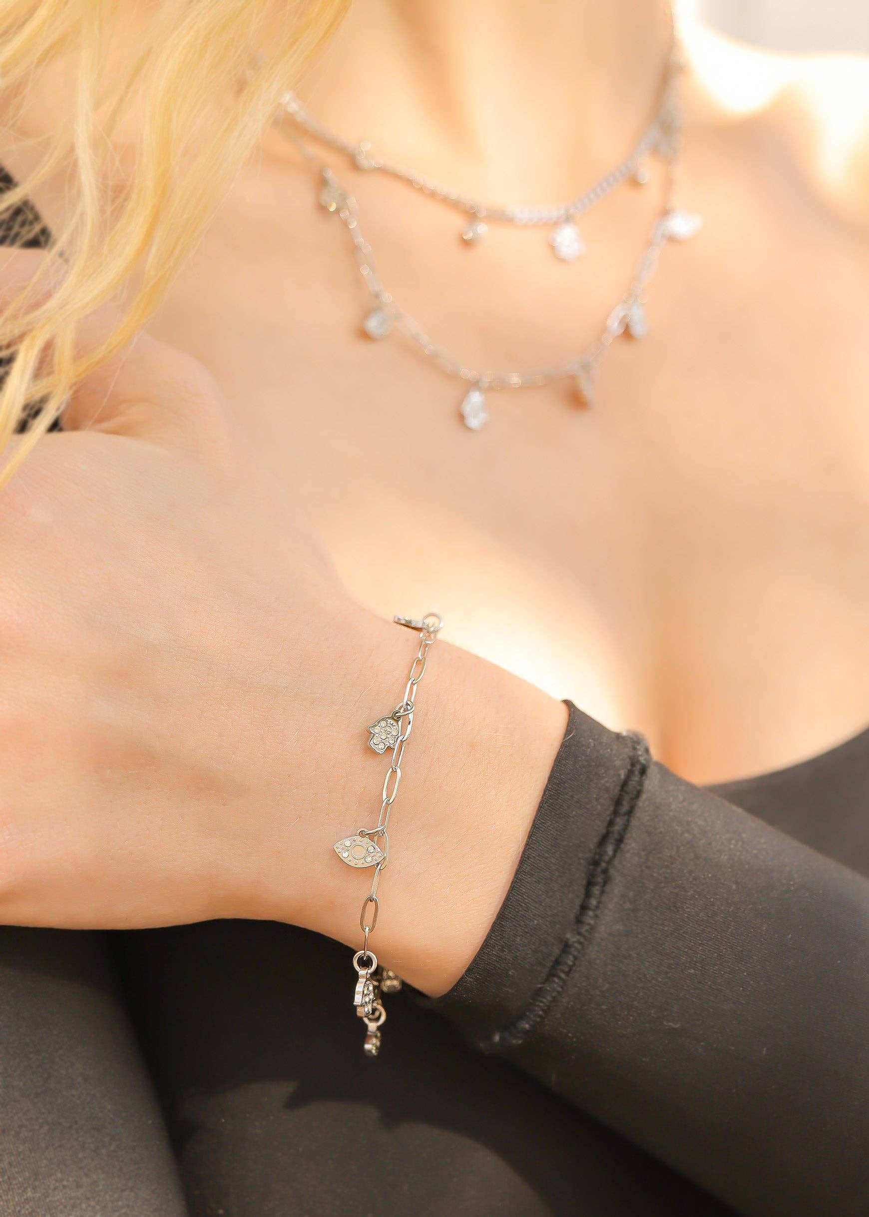 WJW - Wholesale Charm/Dangle Bracelet - 18K Gold PVD Hamsa & Evil Eye Paperclip Chain Charm Bracelet1