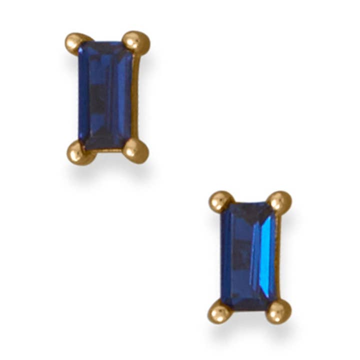 Brincos de perno azul baguete CZ 14 quilates banhado a ouro por atacado de Silver Stars Collection