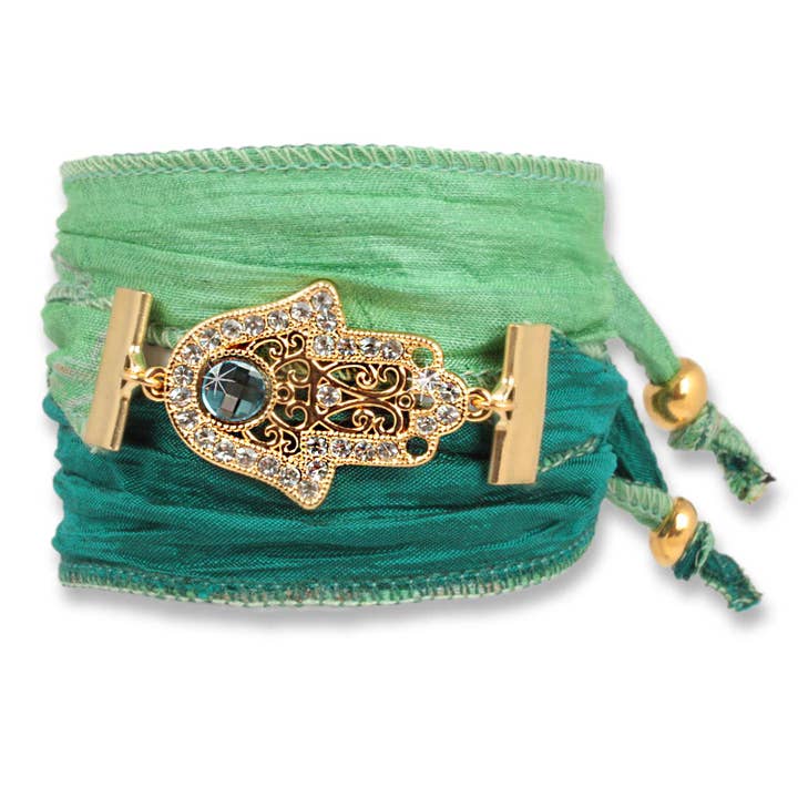 Moss Green - Hand of Fatima bracelet from Indian saris for wholesale by Anísch de la Cara
