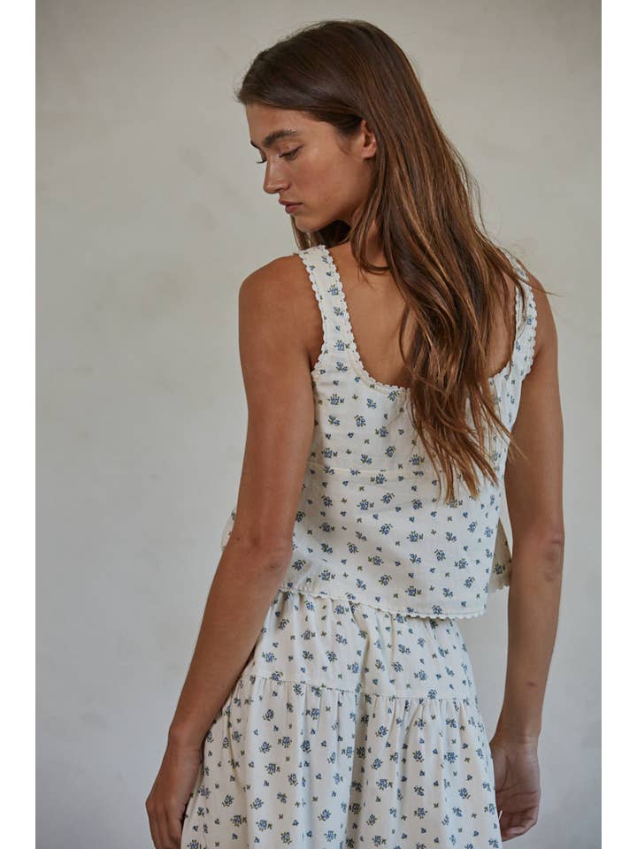 Cream Multi L8268 | Woven Cotton Floral Print Pleated Tank for wholesale on Faire