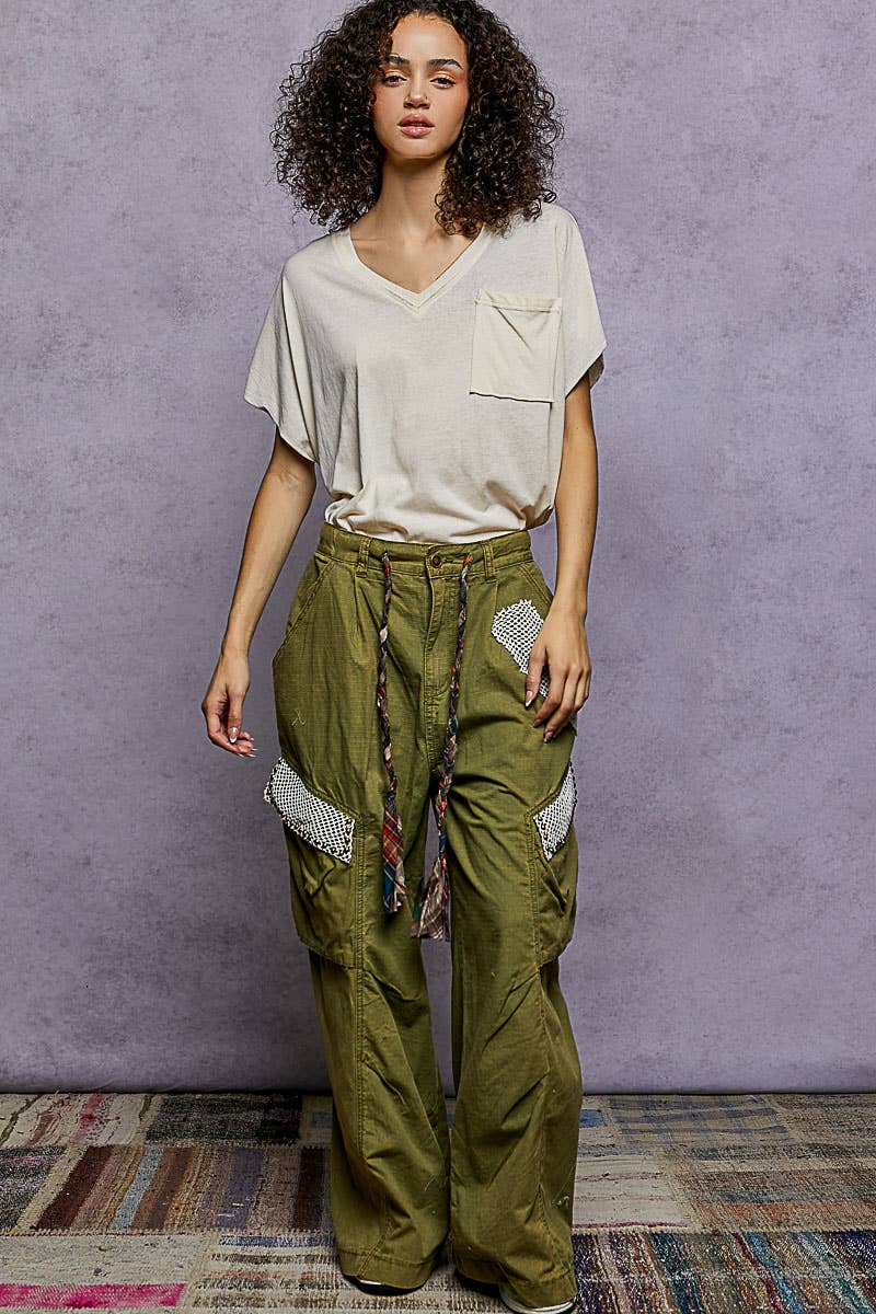 Pol Clothing - Wholesale T-Shirt - Women's - Oversized v-neck front pocket short sleeve solid top SALE9