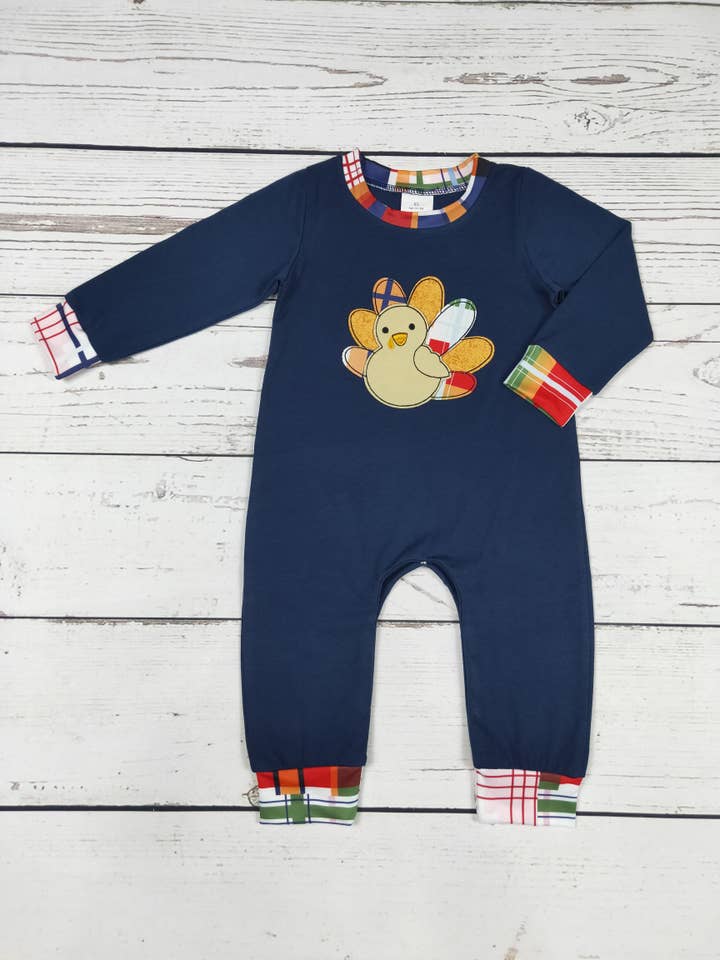 Navy Turkey Appliqué Thanksgiving Baby Romper for wholesale by sassy kids palace