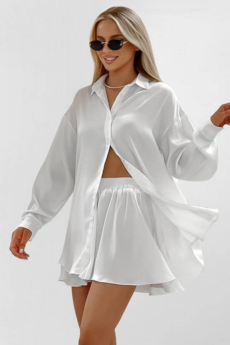 BLANC ENSEMBLE DE PYJAMA SATIN À MANCHES LONGUES ET SHORTS DEUX PIÈCES CWSPJ0286 en vente sur Faire3