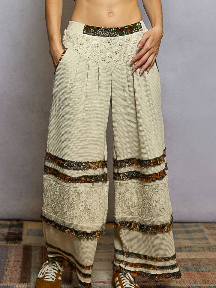 Floral pattern ruffle detail lace mixes wide knit pants for wholesale by Pol Clothing