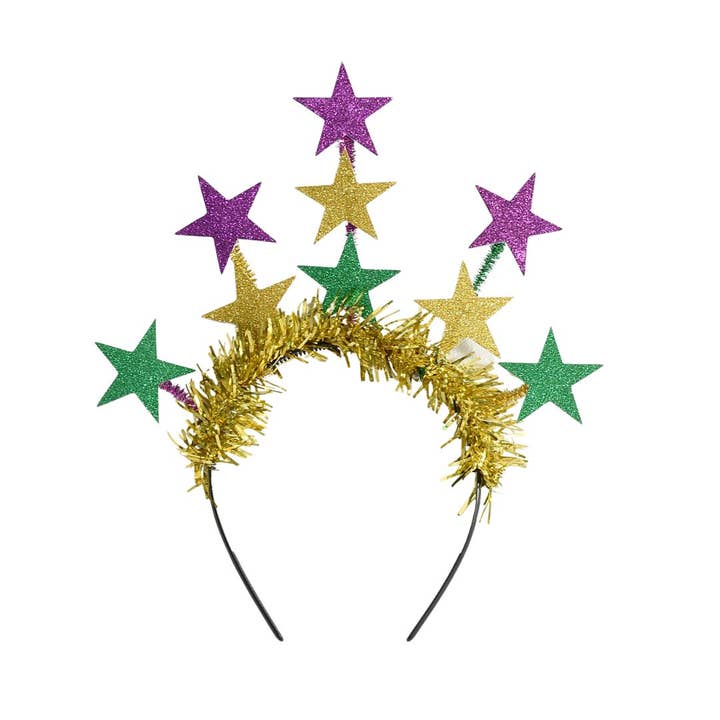 Mardi Gras Stars and Tinsel Headband (Each) for wholesale by Plush Appeal LLC
