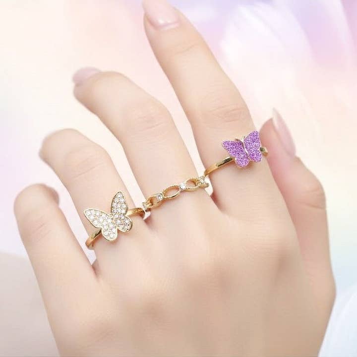 12pk Butterfly Rhinestone Stackable Chic Band Rings for wholesale by Diacly