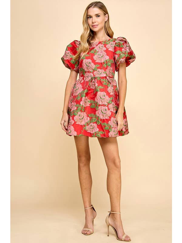 Red CD05082-Floral Print Open Back Balloon Sleeves Dress for wholesale on Faire