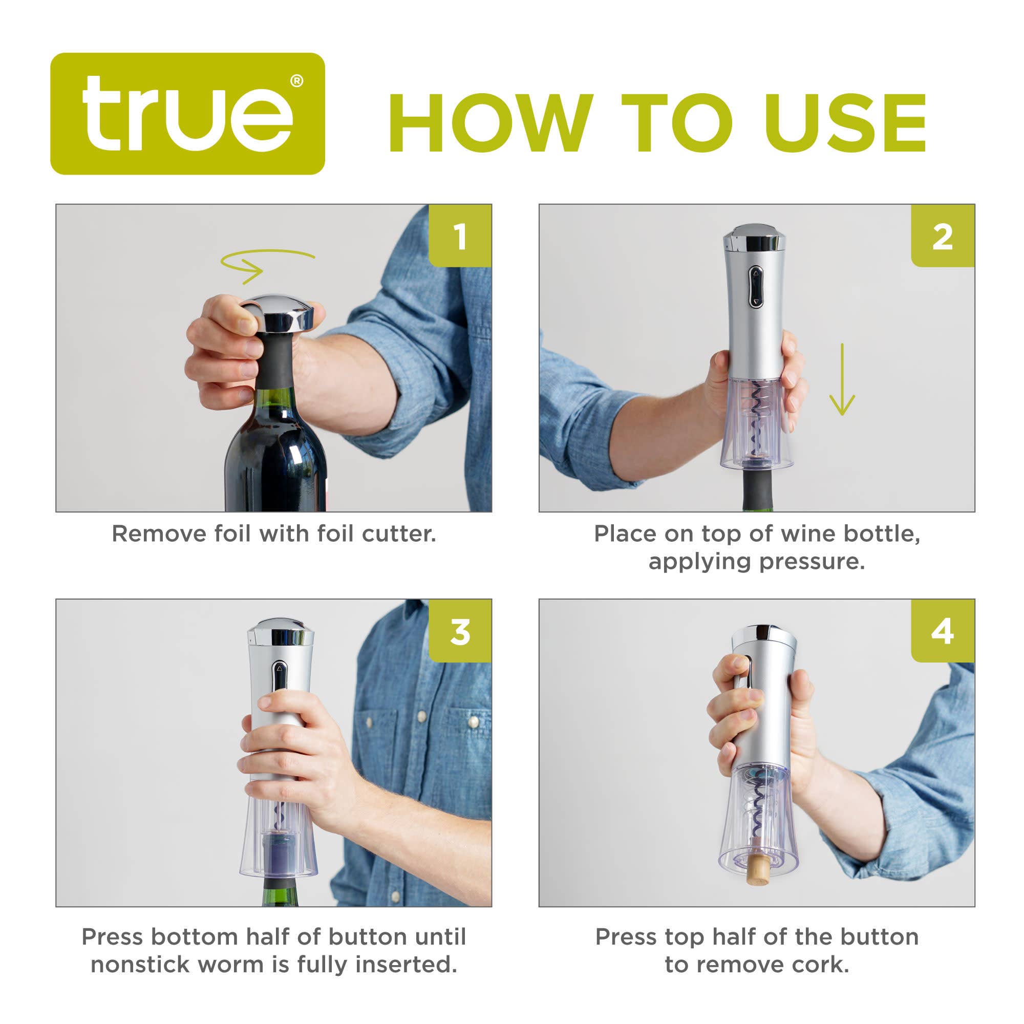 TRUE - Vente Sets d'ustensiles pour vin - Tire-bouchon électrique Silver Lux avec coupe-capsule amovible3