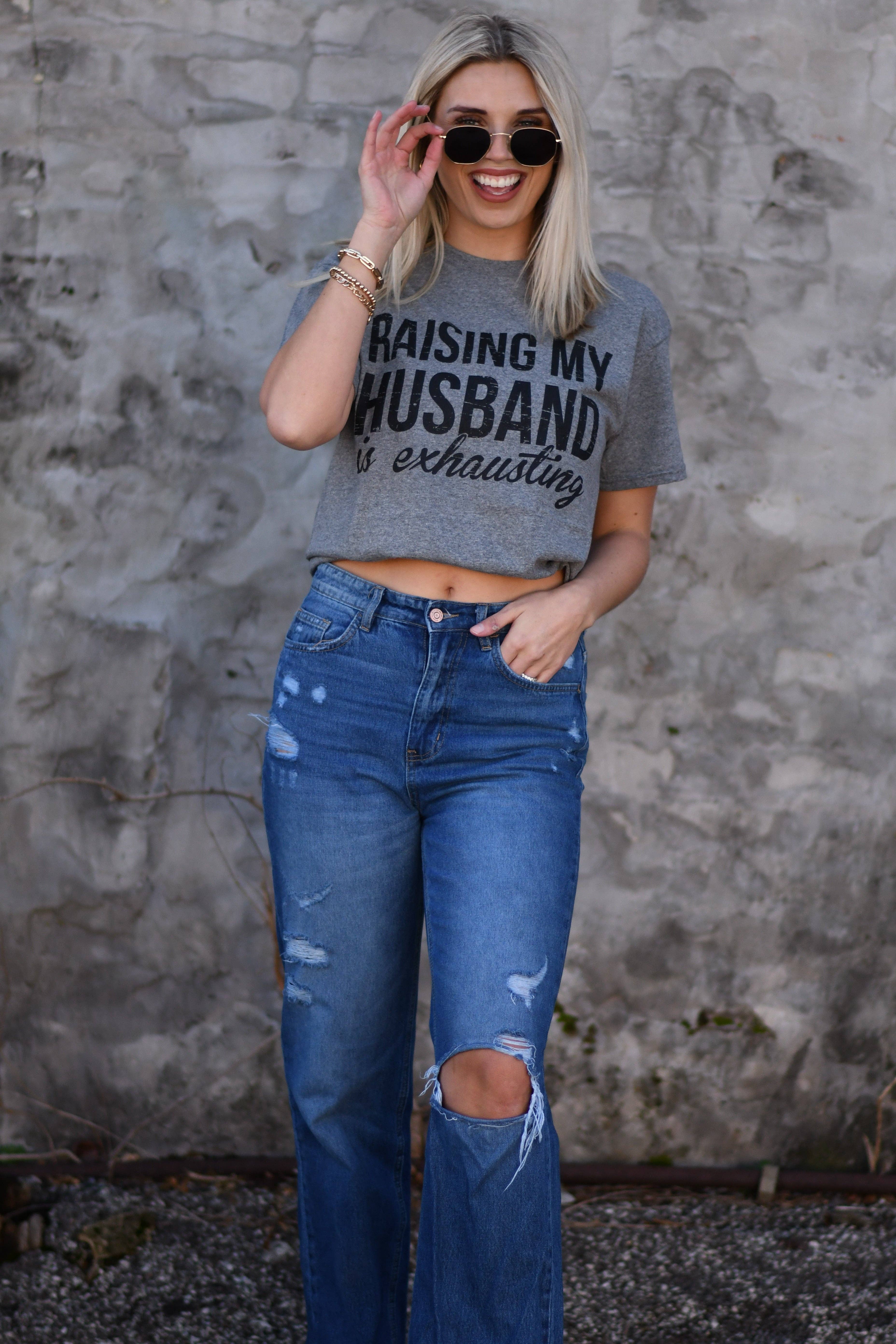 Deep heather grey Raising My Husband Is Exhausting Tee for wholesale on Faire