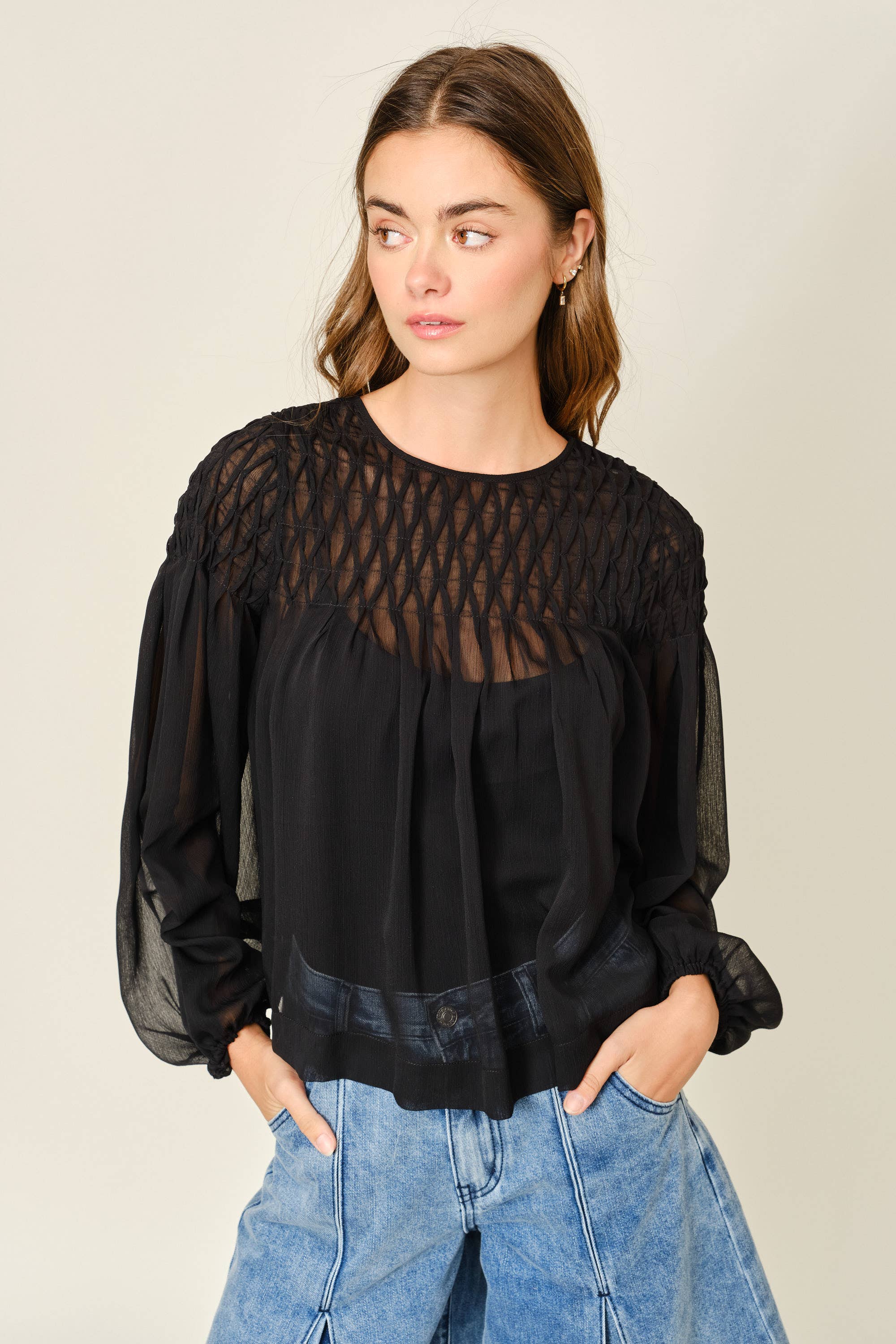Aaron & Amber - Wholesale Blouse - Women's - AJT5433 SPECIAL SMOCKED DETAIL LONG SLEEVE BLOUSE8