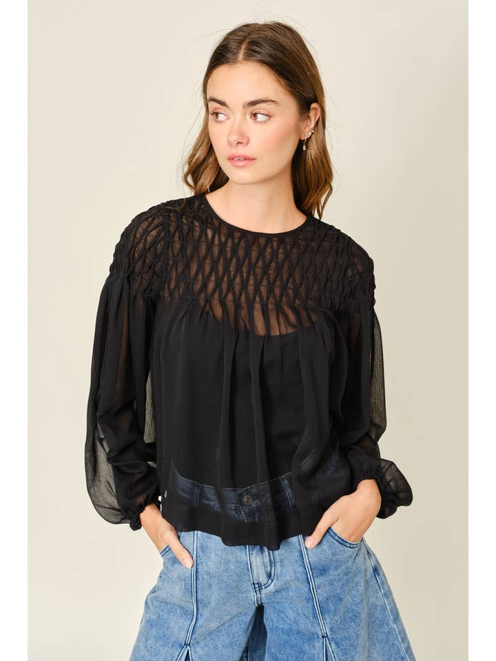 Aaron & Amber - Wholesale Blouse - Women's - AJT5433 SPECIAL SMOCKED DETAIL LONG SLEEVE BLOUSE8