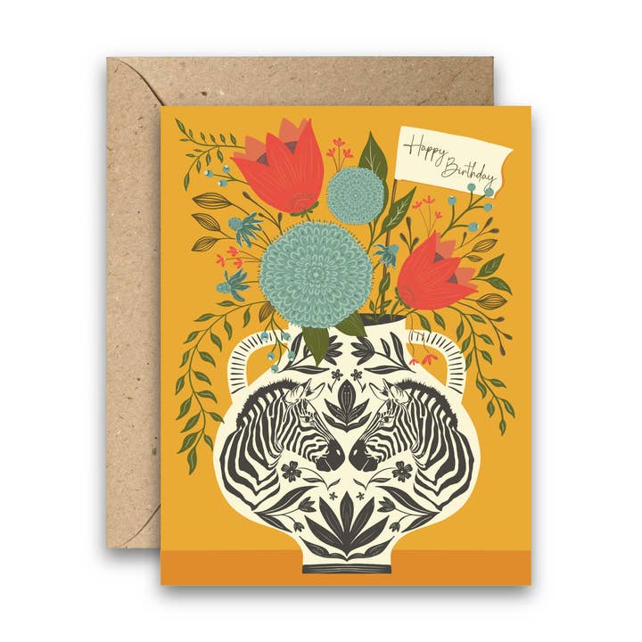 Zebra Vase Birthday Wishes Card – Bright & Hand-Illustrated for wholesale by Amicreative