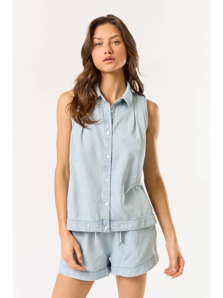 ILT4692 Sleeveless Button Down Denim Shirt for wholesale on Faire