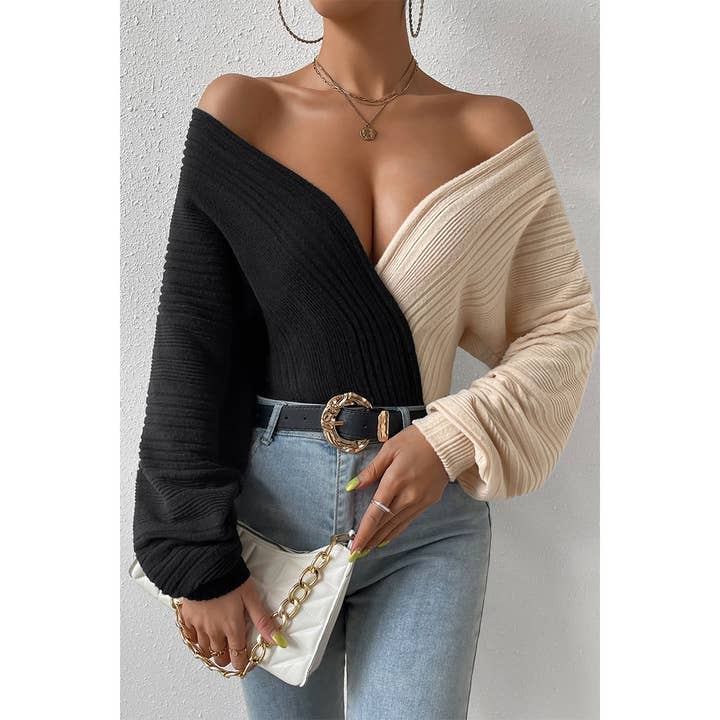 BLACK Off Shoulder Strip Knit Fit Wide Sleeve Bodysuit for wholesale on Faire2