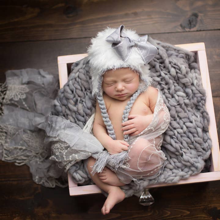 White Specialty Yarn Handmade Heirloom Bow Gift Baby Hat for wholesale by The Daisy Baby LLC