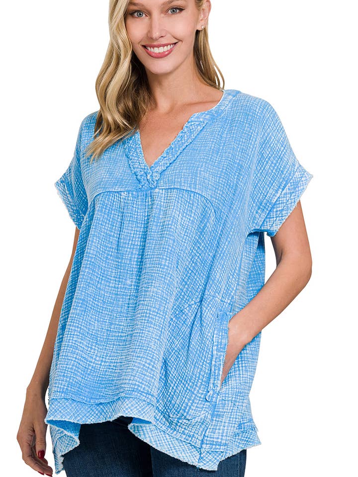 .SI-25648 Vasket Dobbelt Gaze Rå Kant Kortærmet V-hals Sh for engroshandel hos 42POPS