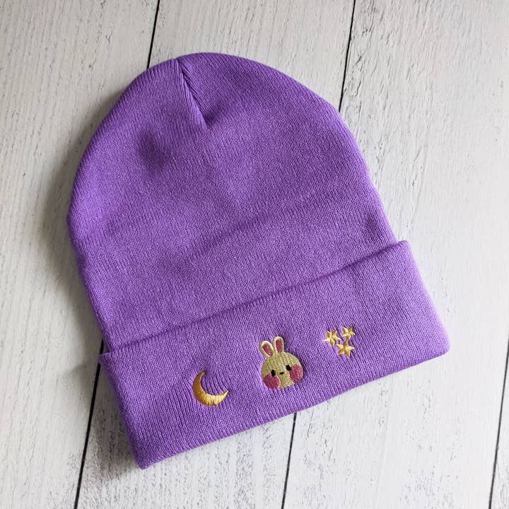 Moon, Bunny, and Stars Beanie for wholesale by Sugar Cubed Studios