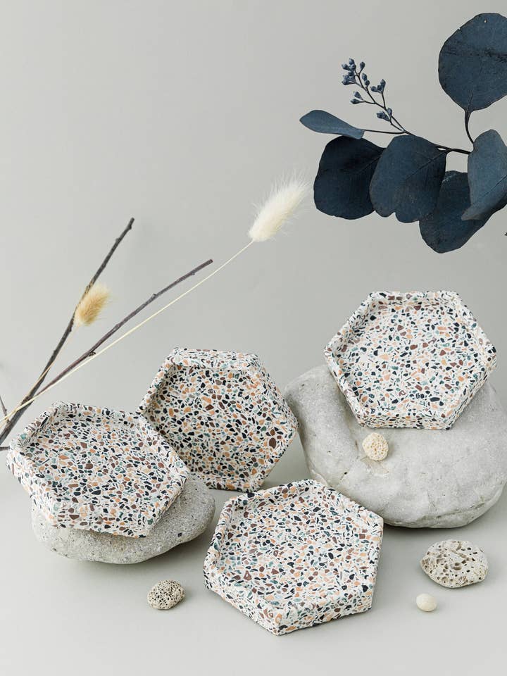 4-Piece Terrazzo Hexagon Concrete Coaster Set for wholesale by Nema Concept