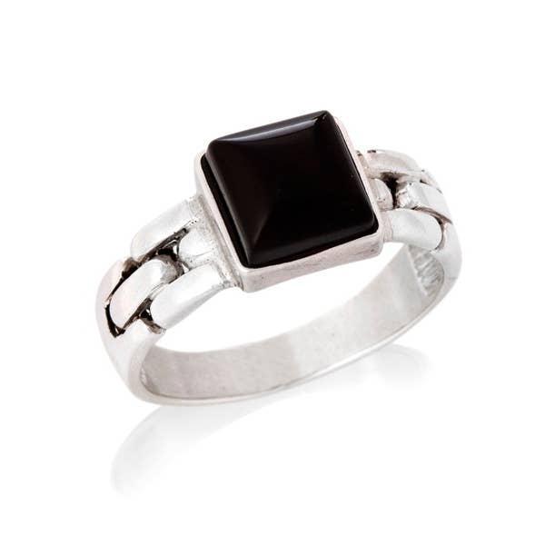 Zegelring met vierkante natuurlijke zwarte onyx, sterling zilver voor wholesale door OPALOOK France