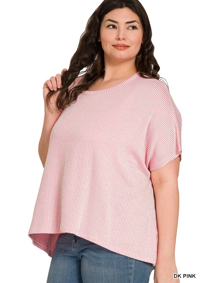 42POPS - Wholesale Knit Top - Women's - `.Plus size Ribbed Striped Oversized Short Slee1