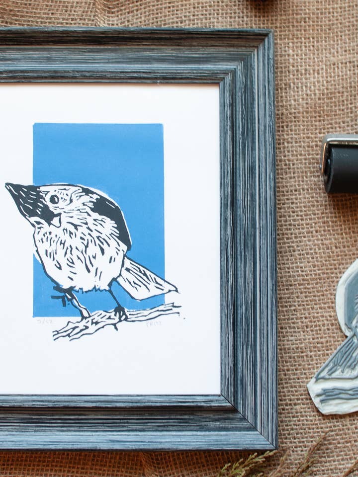 Tufted Tirmouse Block Print for wholesale by Brian Fritz Fine Art and Printmaking