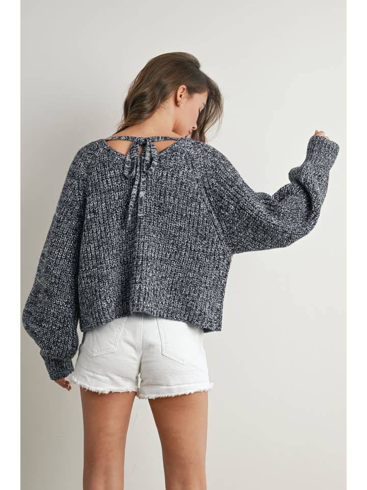 BUTTERMELON - Wholesale Knit Sweater - Women's - Tie-Back V-Neck Drop Shoulder Long Sleeve Top - BMW781010