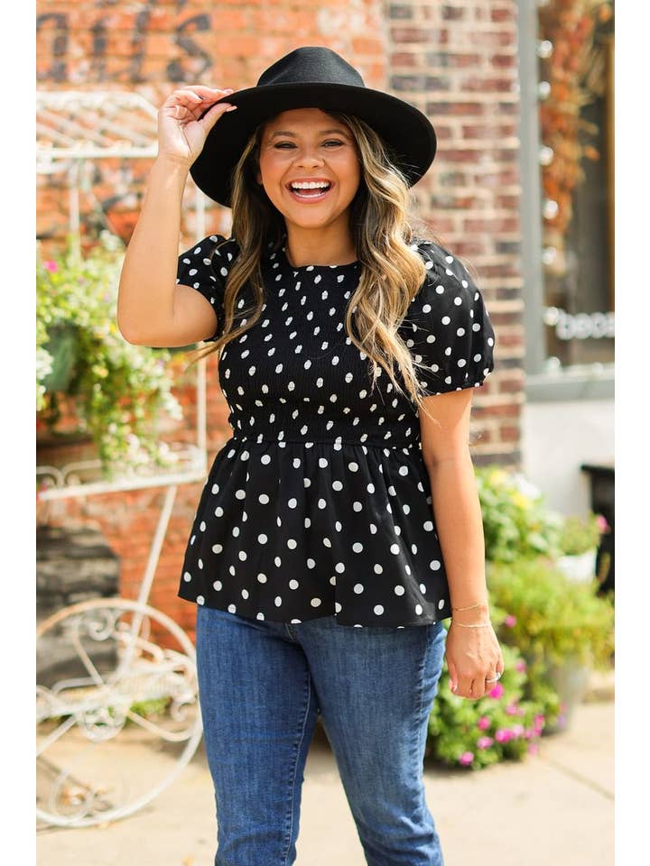 Black Polka Dot Smocked Blouse for wholesale on Faire