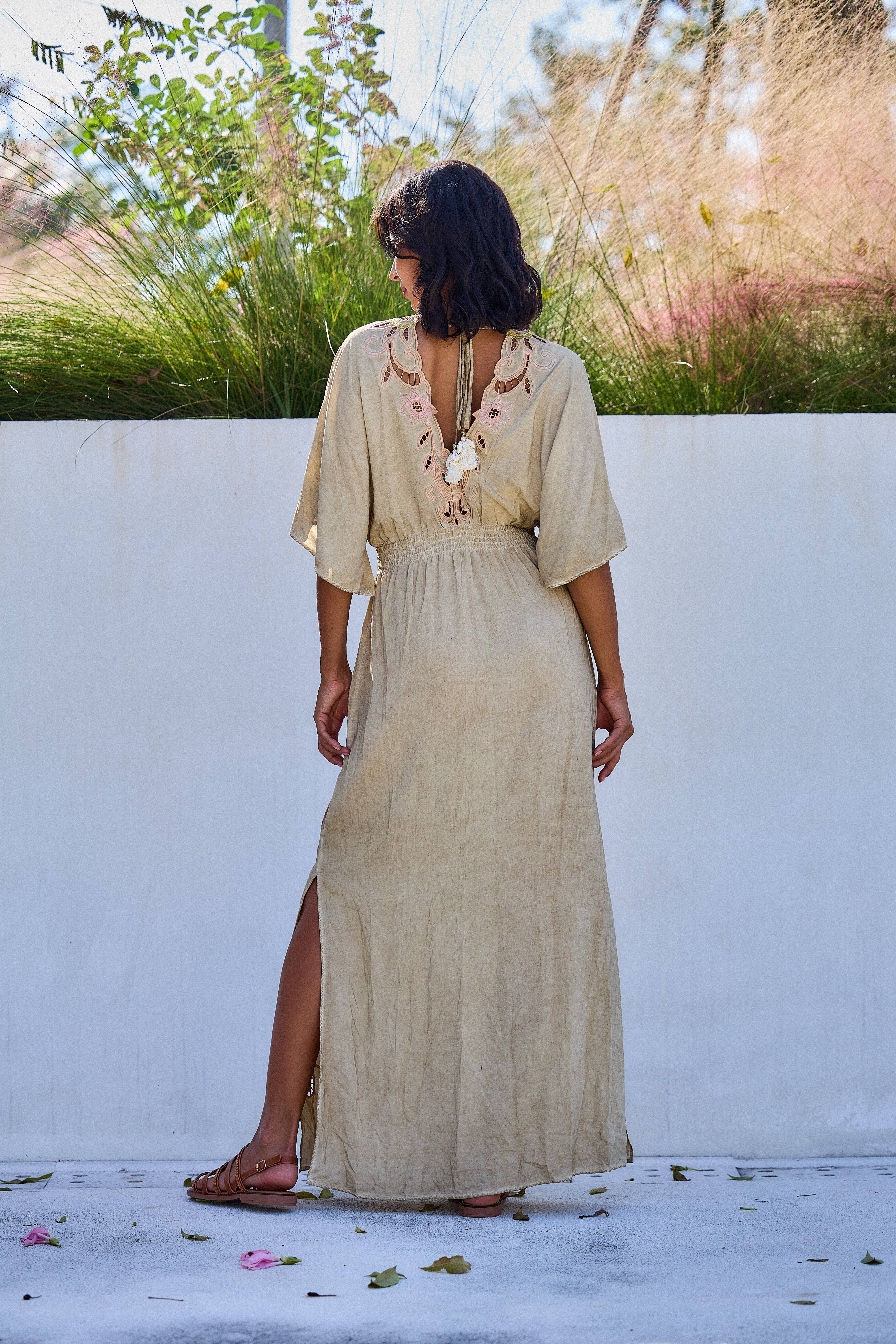 Beige Long symmetrical dress with openwork embroidery, flared cut for wholesale on Faire1