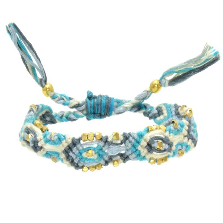 Tie cotton bracelet brass nuggets in turquoise grey for wholesale by Erik & Mike