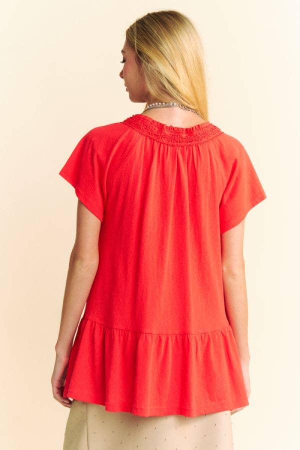 Davi & Dani - Vendita all'ingrosso Maglietta - Donna - TOP PEPLO A MANICHE CORTE CON SCOLLO IN PIZZO TINTA UNITA16