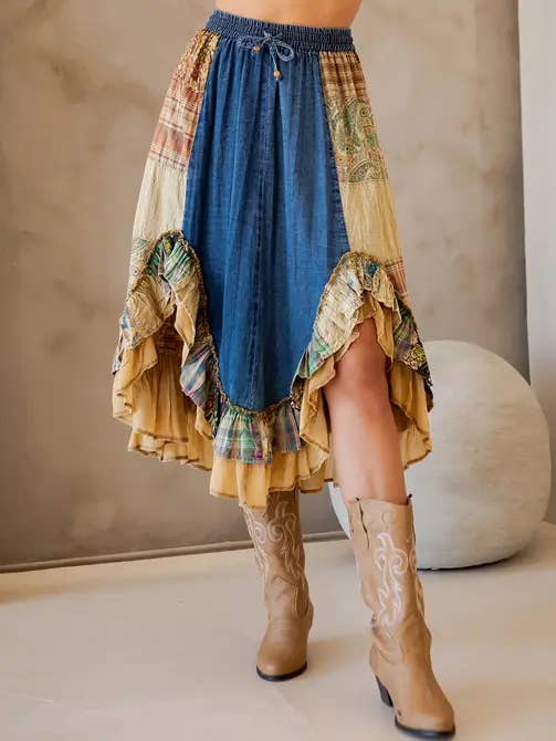DENIM Western Boho Chic: Patchwork Midi Skirt Boho Babe (XS-S-M) for wholesale on Faire