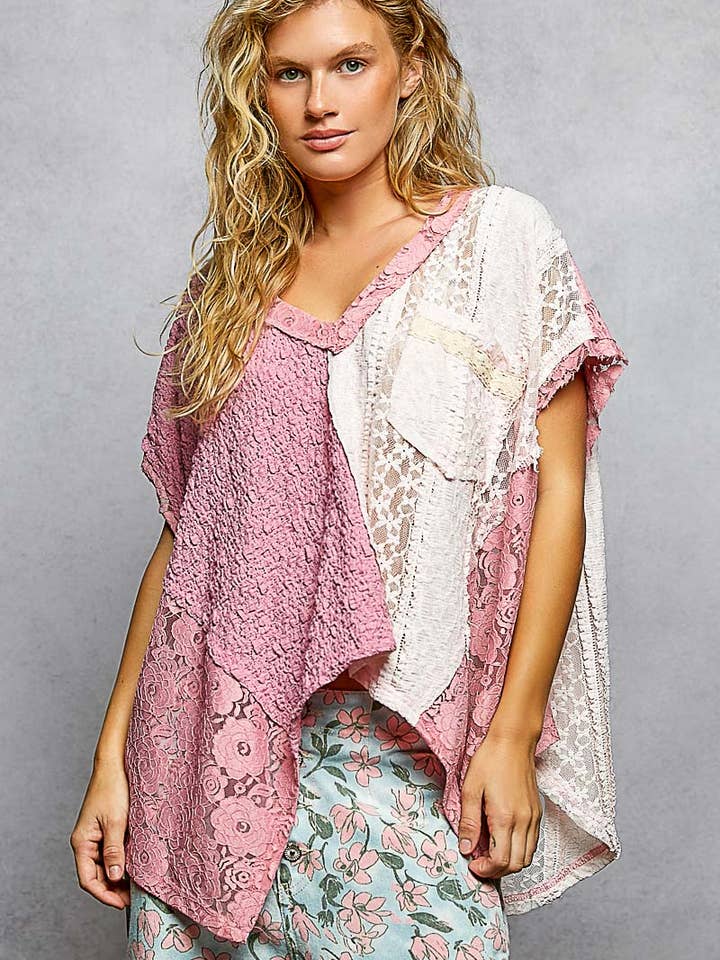 Patchwork Lace Oversized V-Neck Raw Edge Top for wholesale by Pol Clothing