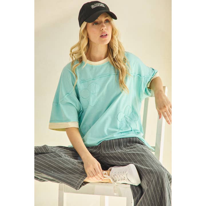 RETRO FLOWER EMBROIDERED OVERSIZED TEE (ST7791) for wholesale by Sage + Fig
