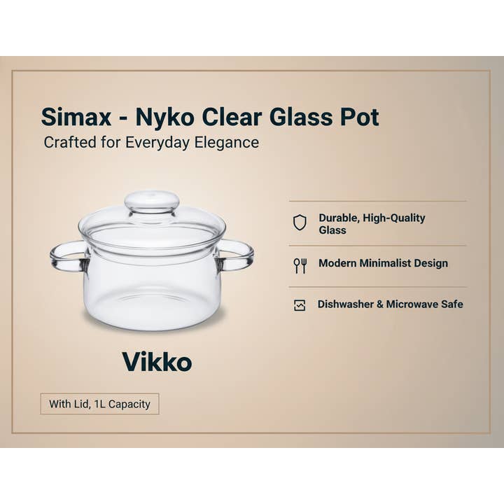 Kadra Kitchenware - Wholesale Cooking pot - Simax - Nyko Clear Glass Pot, With Lid, 1L3