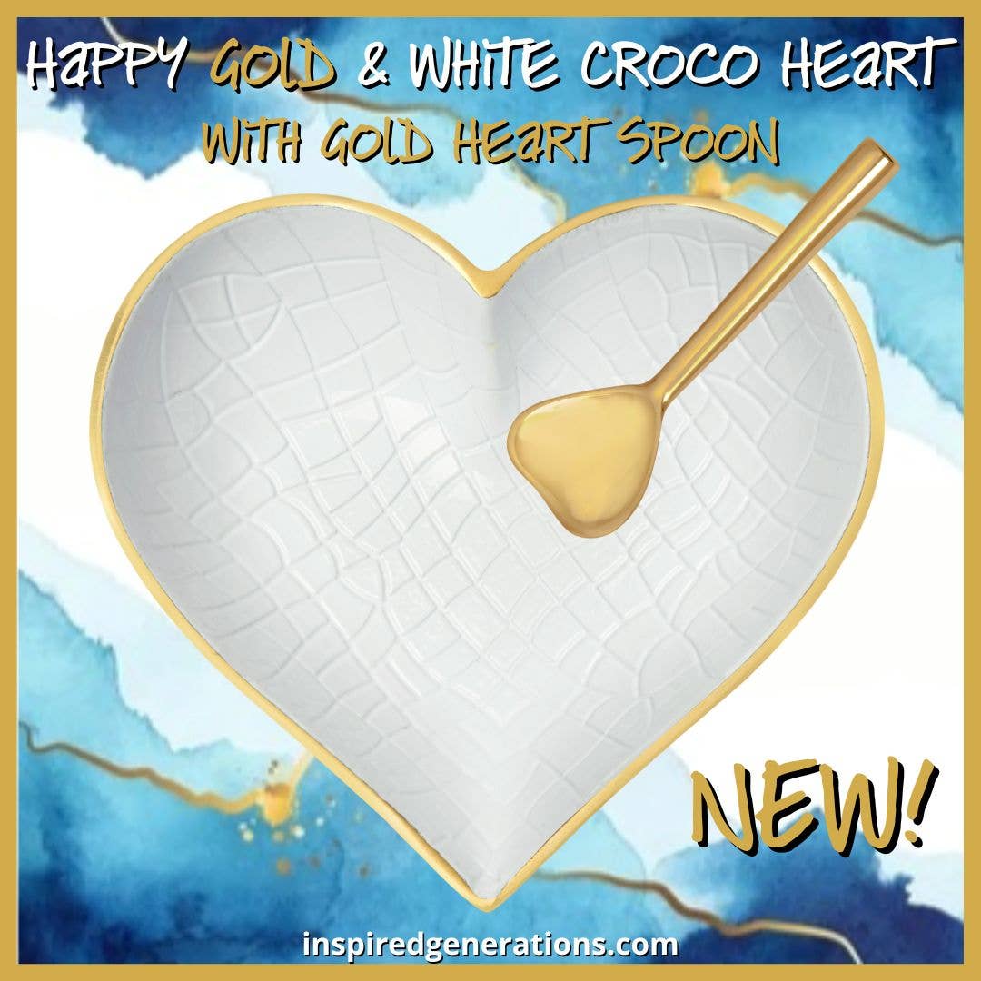 Inspired Generations - Vente Bol de service - Happy Gold & White Croco Heart avec cuillère en forme de cœur doré1