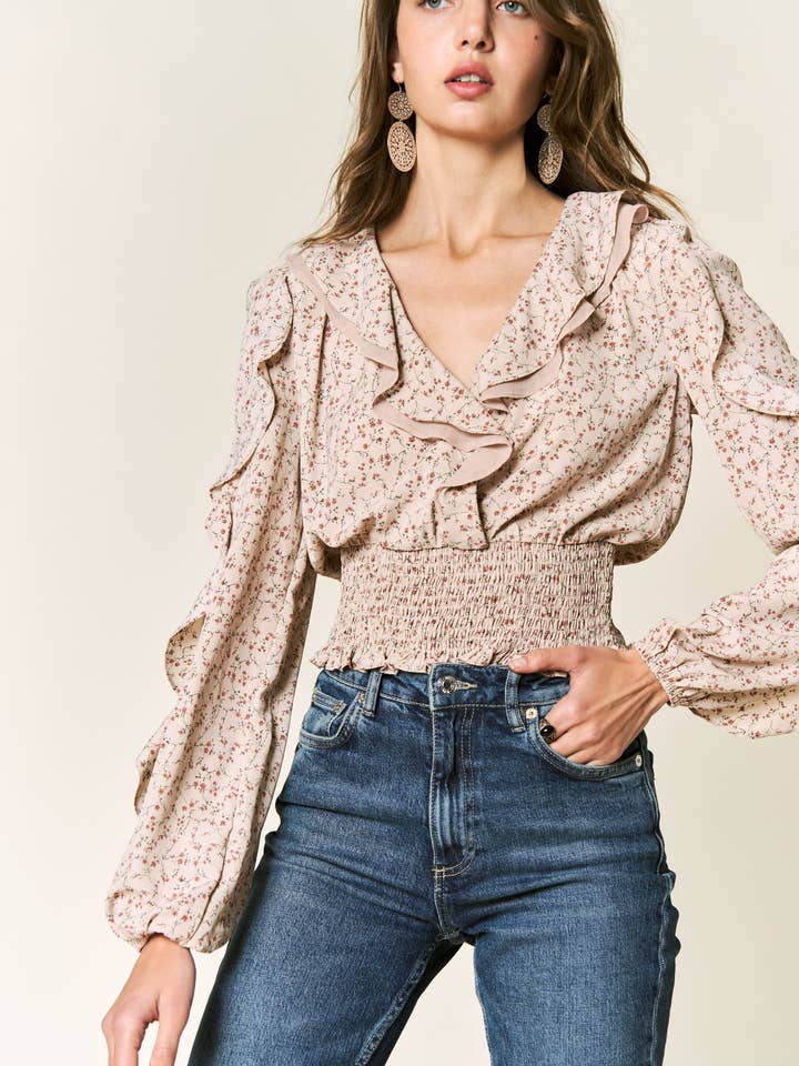 Petal Dew - Vendita all'ingrosso Camicetta - Donna - BLUSA FLOREALE TOP SMOCKING CROPPED INCRESPATO - P0003010